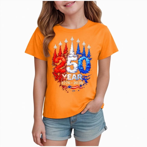 Xudanell Girls Usa 250th Anniversary Shirts for Teen 1776 2026 4th of July Patriotic Tshirt Comfortable for Kids Orange 7-8 Years