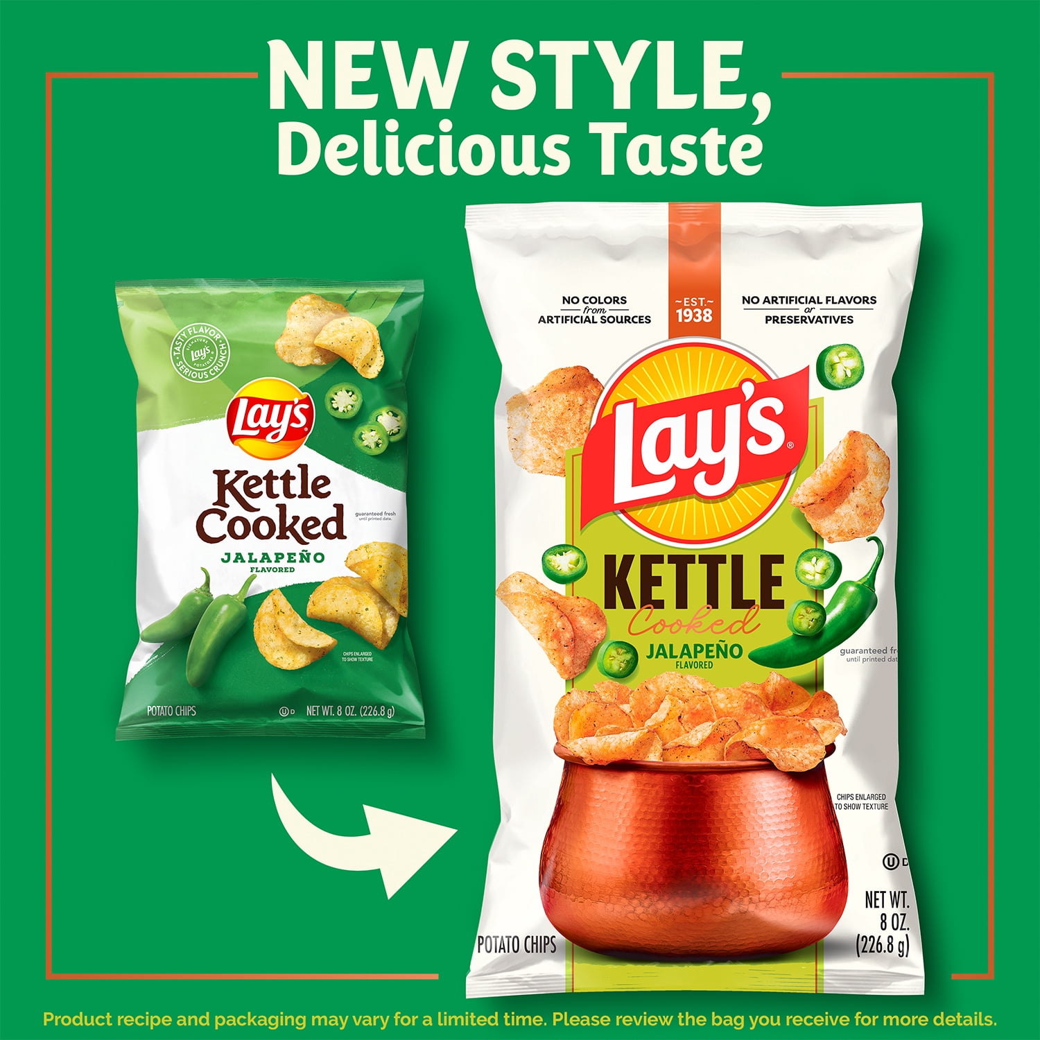 (3 pack) Lay’s Jalapeno Kettle Cooked Potato Chips Party Size Bag, 12.5 oz