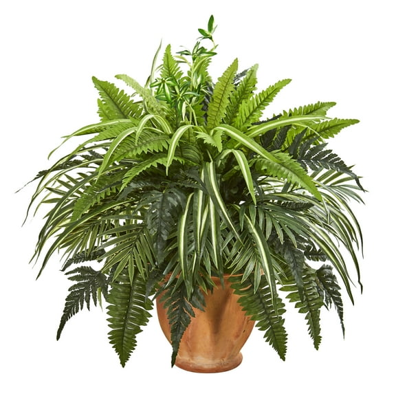 Nearly Natural 23in. Mixed Greens and Fern Artificial Plant in Terra Cotta Planter, Green