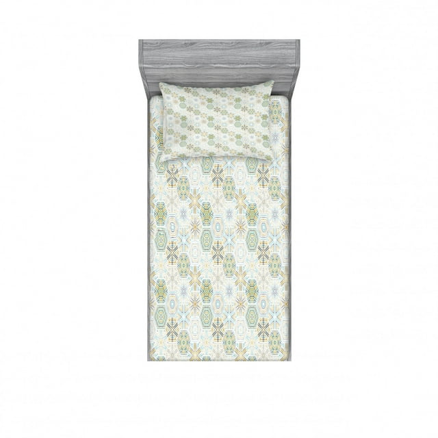 Geometric Bedding Set with Sheet & Covers, Hexagons with Tartan Checkered Stripes and Crossed Lines Art, Printed Bedroom Decor 2 Shams, 4 Sizes, Pale Coffee Mint Green, by Ambesonne