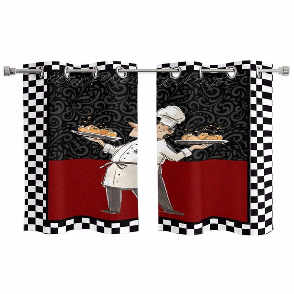 Chef Kitchen Curtains Small Short 39 Inch Length, Cartoon Cute Watercolor Cooking Red Black Grommet Top Bedroom Living Room Curtains, Light Filtering Cafe Curtain Drapes 2 Panels Set 55''x39''