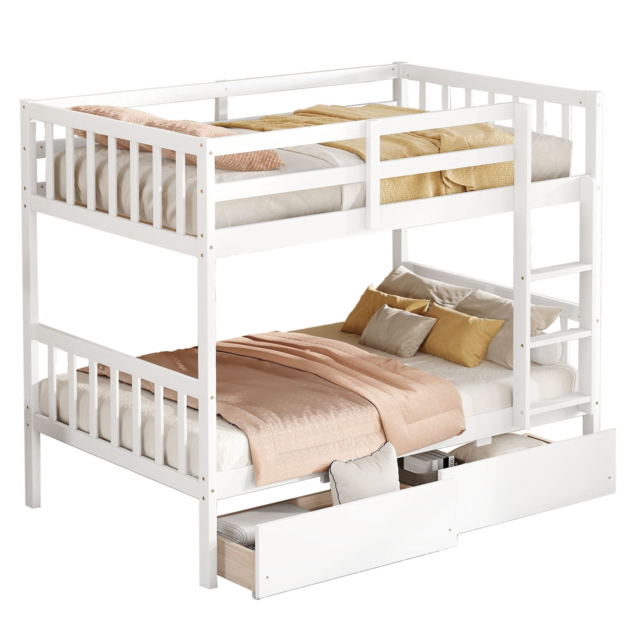 Noble House Twin Over Twin Rubber Wood Bunk Bed, Convertible Design with Ladder, Guardrails and Storage Drawers, White