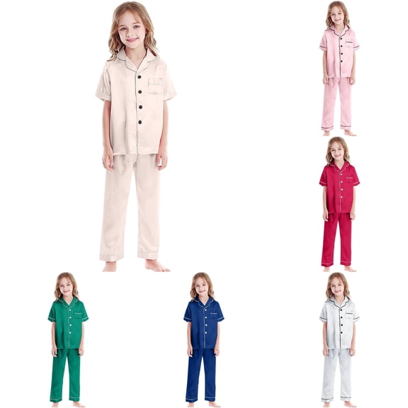 FYDUU Girls Pajamas Set Short Sleeve Long Pants 2 Piece Sleepwear Button Down Loungewear Nightwear Kids Girl Pajama Sets 8-9 Years