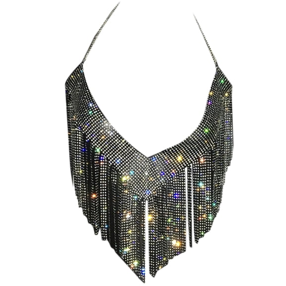 Yokua Womens Rhinestones Tassels Halter Crop Top Body Chain Sexy Backless Camisole