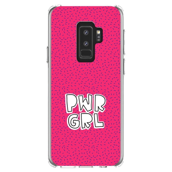 DistinctInk Clear Shockproof Hybrid Case for Samsung Galaxy S9  PLUS (6.2" Screen) - TPU Bumper, Acrylic Back, Tempered Glass Screen Protector - Girl Power - PWR GRL - Pink Background