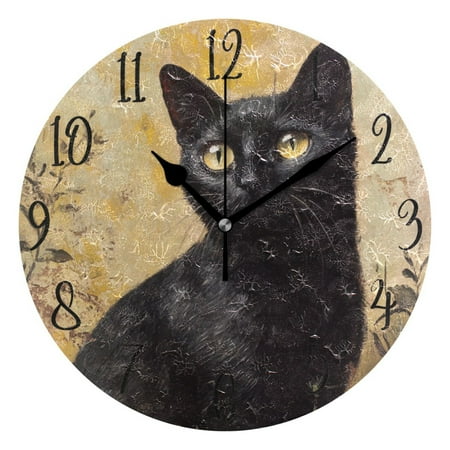 WOBOGO Black Cat with Oil Painting Style Wall Clock 10in Silent Mechanism Battery Operated Retro Style for Living Room Bedroom and Kitchen Black Pointer