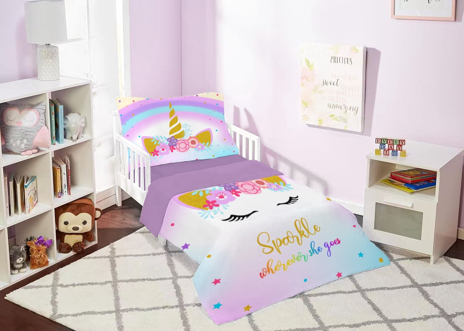 Toddler Bedding Sets for Babys Boys Girls Kids Rainbow Star Blue Purple Unicorn Toddler Crib Comforter Set Flat Sheet Fitted Sheet and Pillowcase 4 Pieces