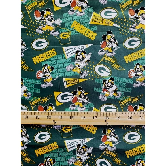 100% Cotton Fabric NFL's Greenbay Packers, FOOTBALL MICKEY MOUSE /45"W/ Sold By The Continuous Yard