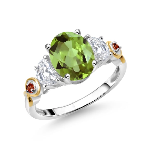 Gem Stone King 925 Silver and 10K Yellow Gold 3-Stone Ring Oval Green Peridot and Moissanite (2.63 Cttw, Size 9)