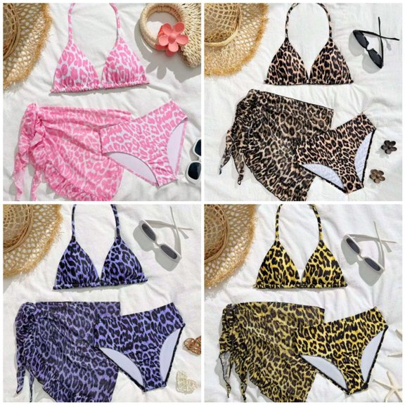 Girls Swim Kids Swimsuit Leopard Print Bikini Suit with Drawstring Skirts 3 Pieces Swimwear for Toddler Summer