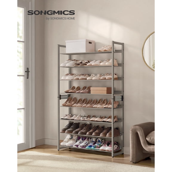 8-Tier Metal Shoe Rack Organizer, Set of 2 Stackable Shoe Shelves with Adjustable Flat or Angled Shelves, Holds 32-40 Pairs, Cappuccino Beige