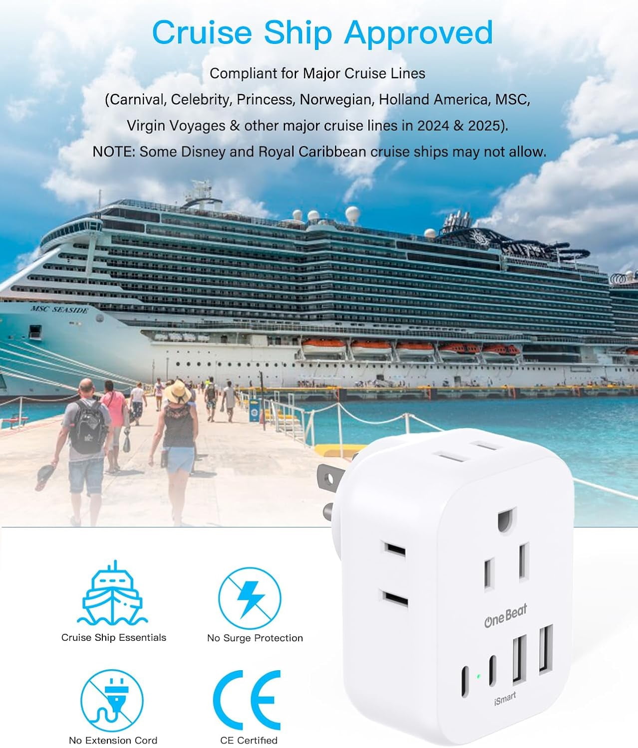 RGHJAR-Travel Cruise Ship Essentials, Multi Plug Wall Outlet Extender with 4 Outlets 4 USB (2 USB-C), Cruise Approved Power Strip Non Surge Protector, Plug Adapter, Travel Cruise Must Have Accessorie