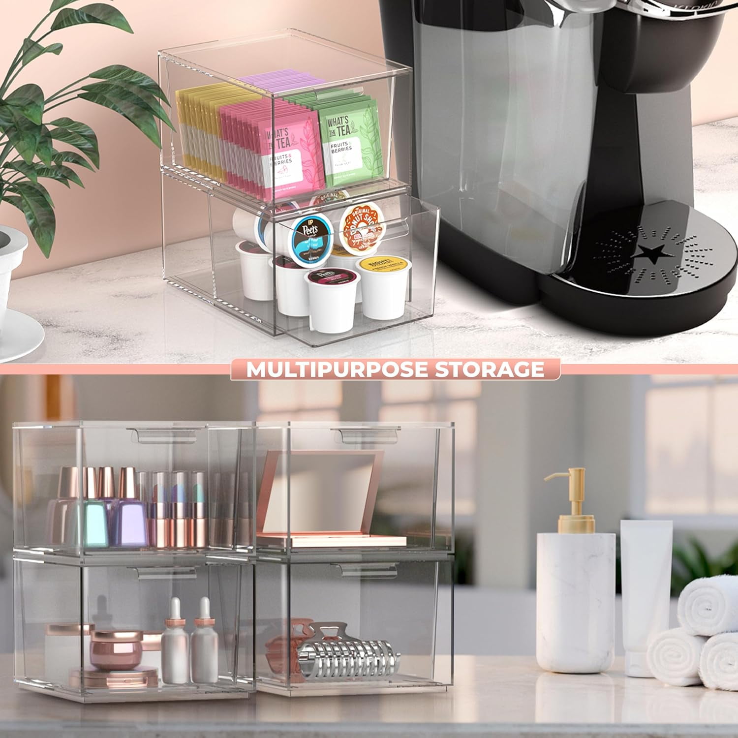 Sorbus 3-Pack Clear Acrylic Makeup Organizer – Stackable Plastic Drawer Storage Bins for Vanity, Bathroom, and Cosmetic Organization