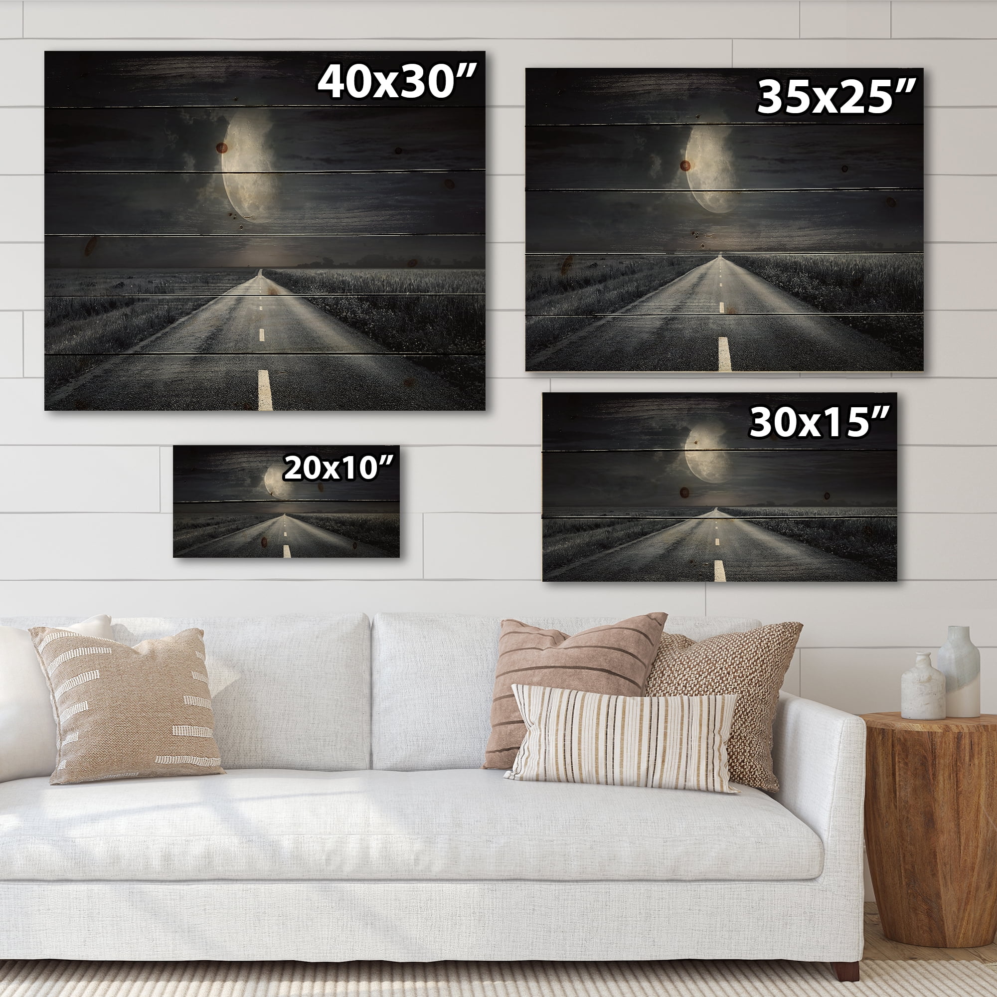 Designart 'Cloudy Full Moon Over Asphalt Road III' Nautical & Coastal Print on Natural Pine Wood