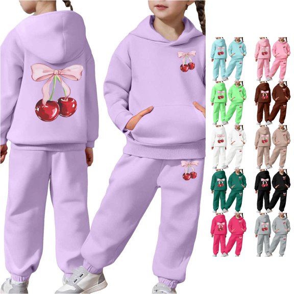Ulitacool Outfits For Girl Long Sleeve Tracksuit Graphic Prints Hoodie Pants Leisure Toddler Playsuit 4-5 Years Purple