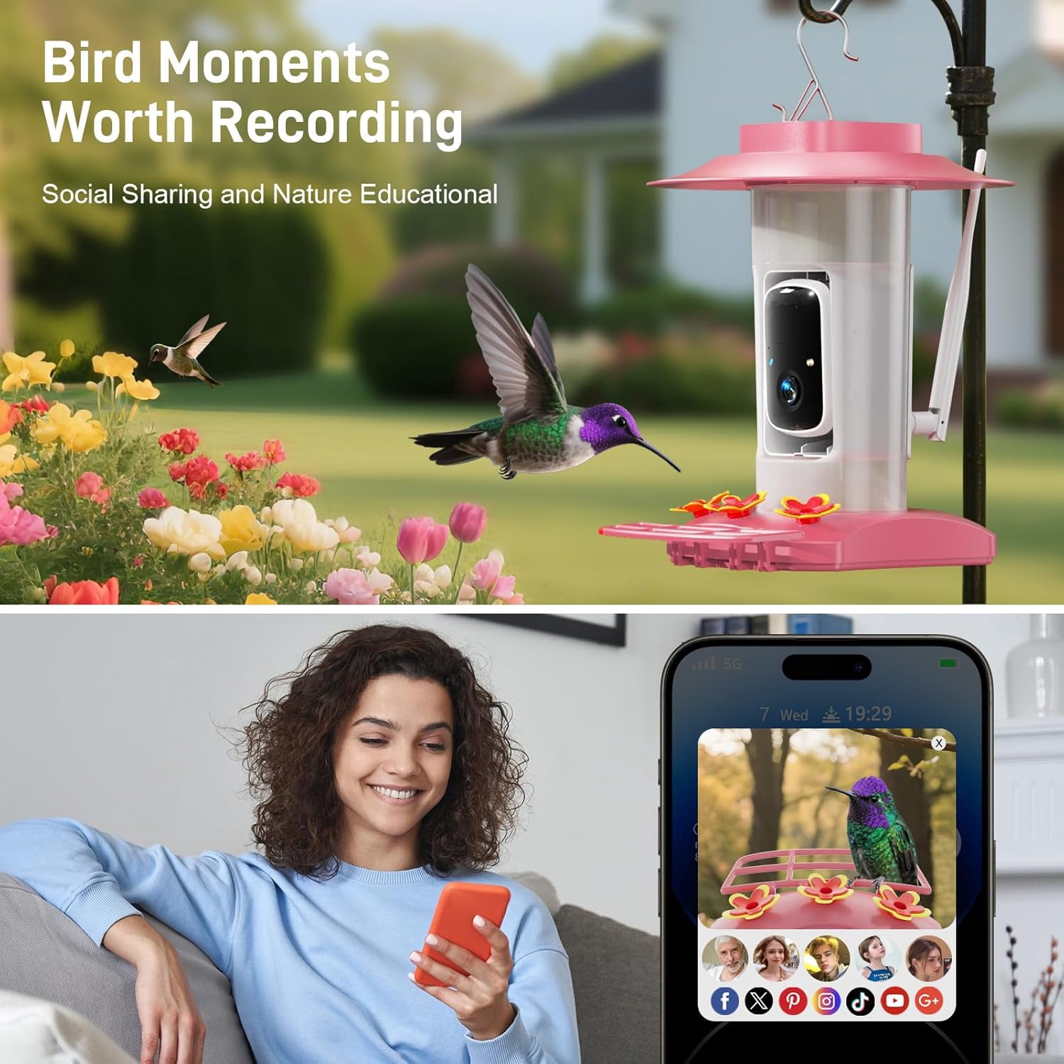 Hummingbird Feeder with Camera Outdoor, SV3C Hanging Bird Feeder with Ant Moat & Bee-Proof, HD 2K Solar Powered, AI Bird Identify, Instant App Alerts, Auto Capture, Hummingbird Lover Gifts, 21oz