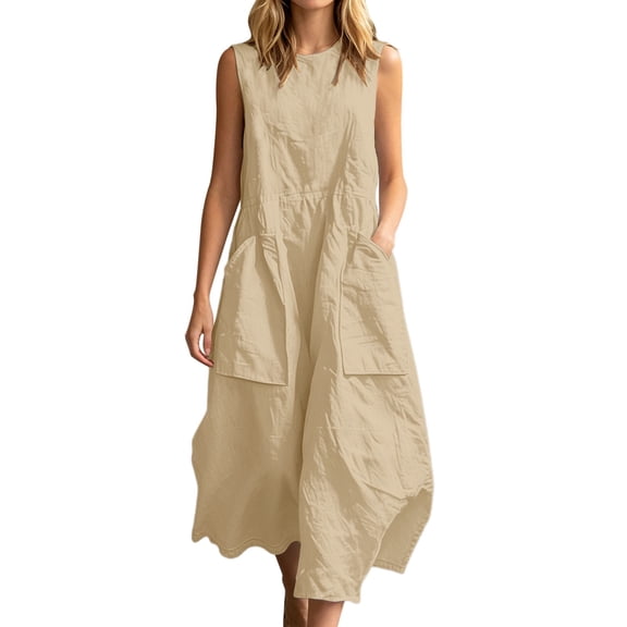Bysome Women Dresses Solid Color Sleeveless Crew Neck With Pocket Dress Summer Fashion Women Dress Size L Beige