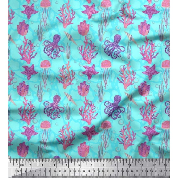 Soimoi Cotton Duck Fabric Coral,Octopus & Jellyfish Ocean Printed Fabric 1 Yard 42 Inch Wide