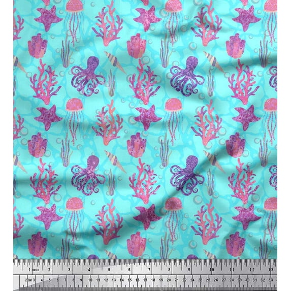 Soimoi Cotton Voile Fabric Coral,Octopus & Jellyfish Ocean Fabric Prints By Yard 42 Inch Wide