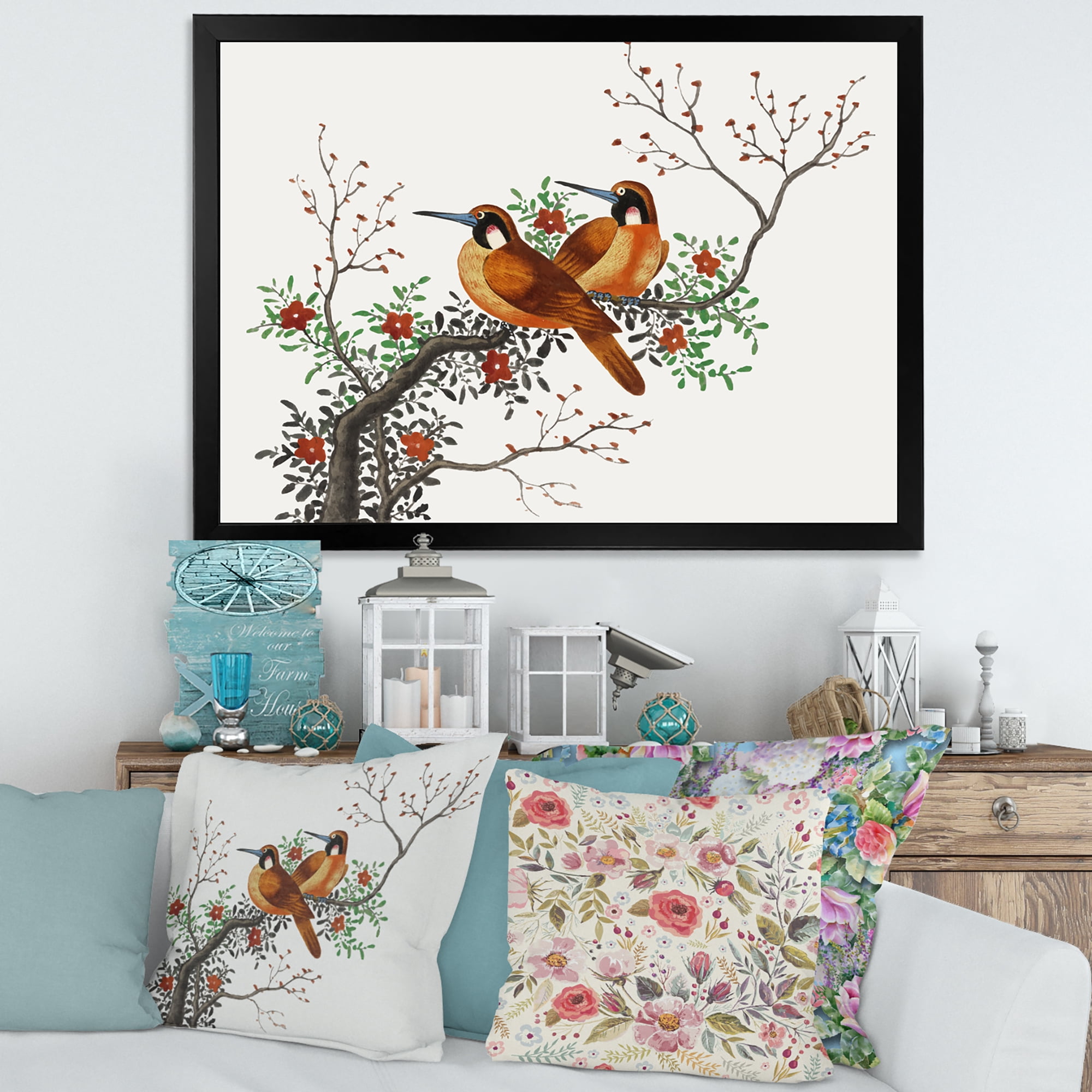 A Flowering Tree Branch With Two Chinese Birds 40 in x 30 in Framed Painting Canvas Art Print, by Designart