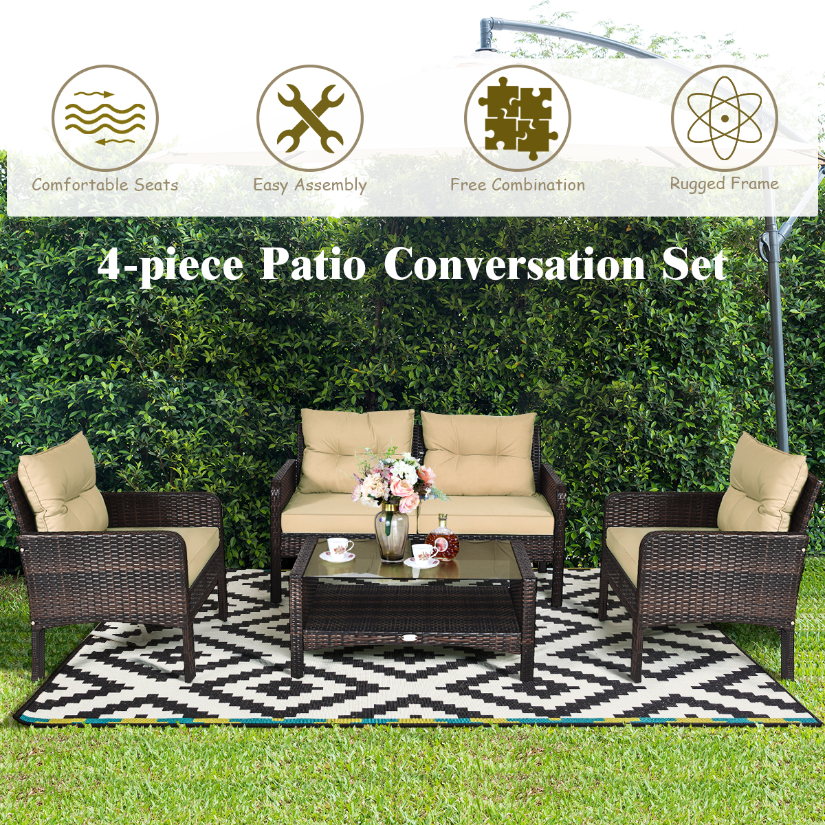 Costway 4PCS Patio Rattan Furniture Set Loveseat Sofa Coffee Table Garden W/ Cushion - image 5 of 8
