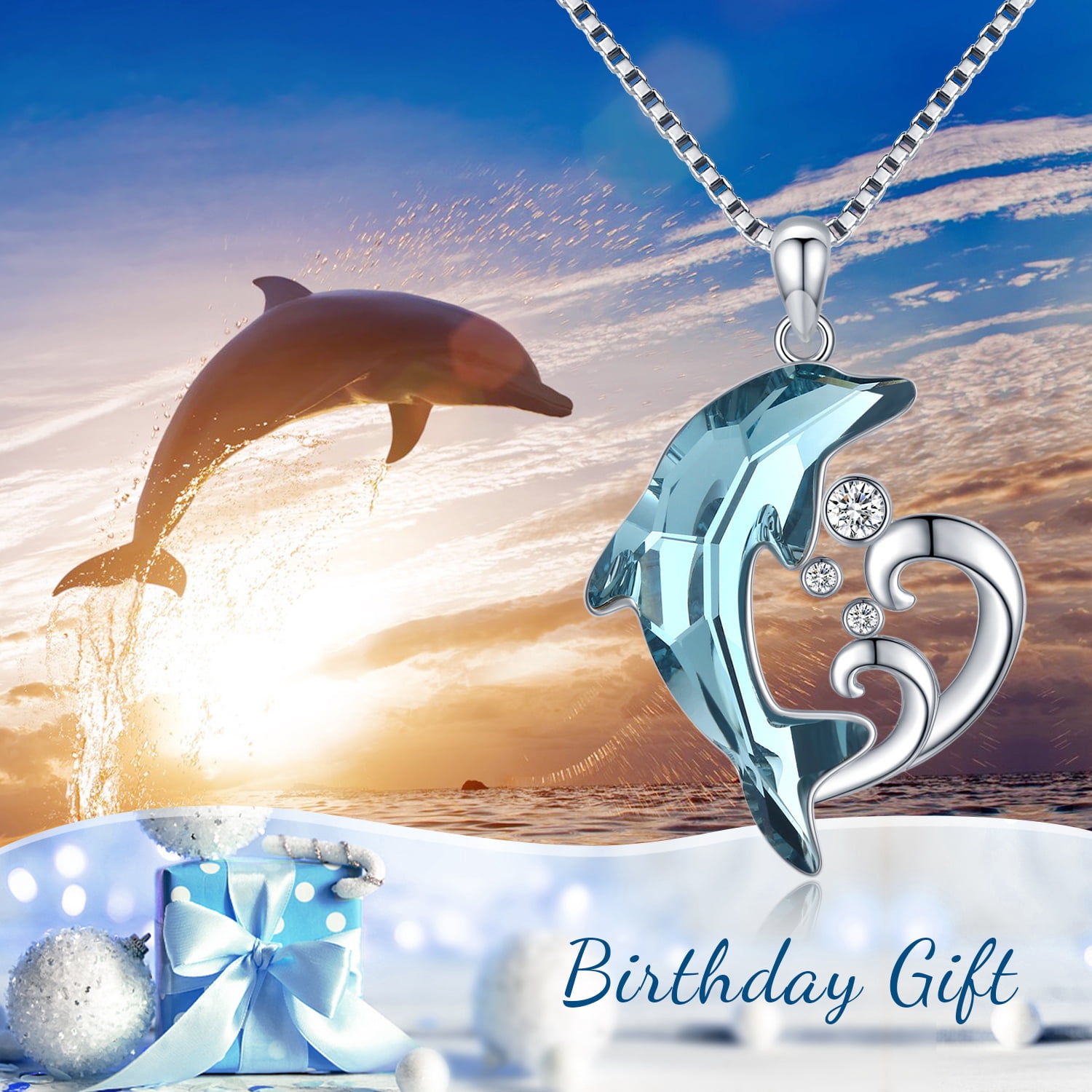 Coachuhhar Dolphin Necklace 925 Sterling Silver Blue Crystal Ocean Themes Pendant Necklace Jewelry Gifts for Women Mom Wife Birthday