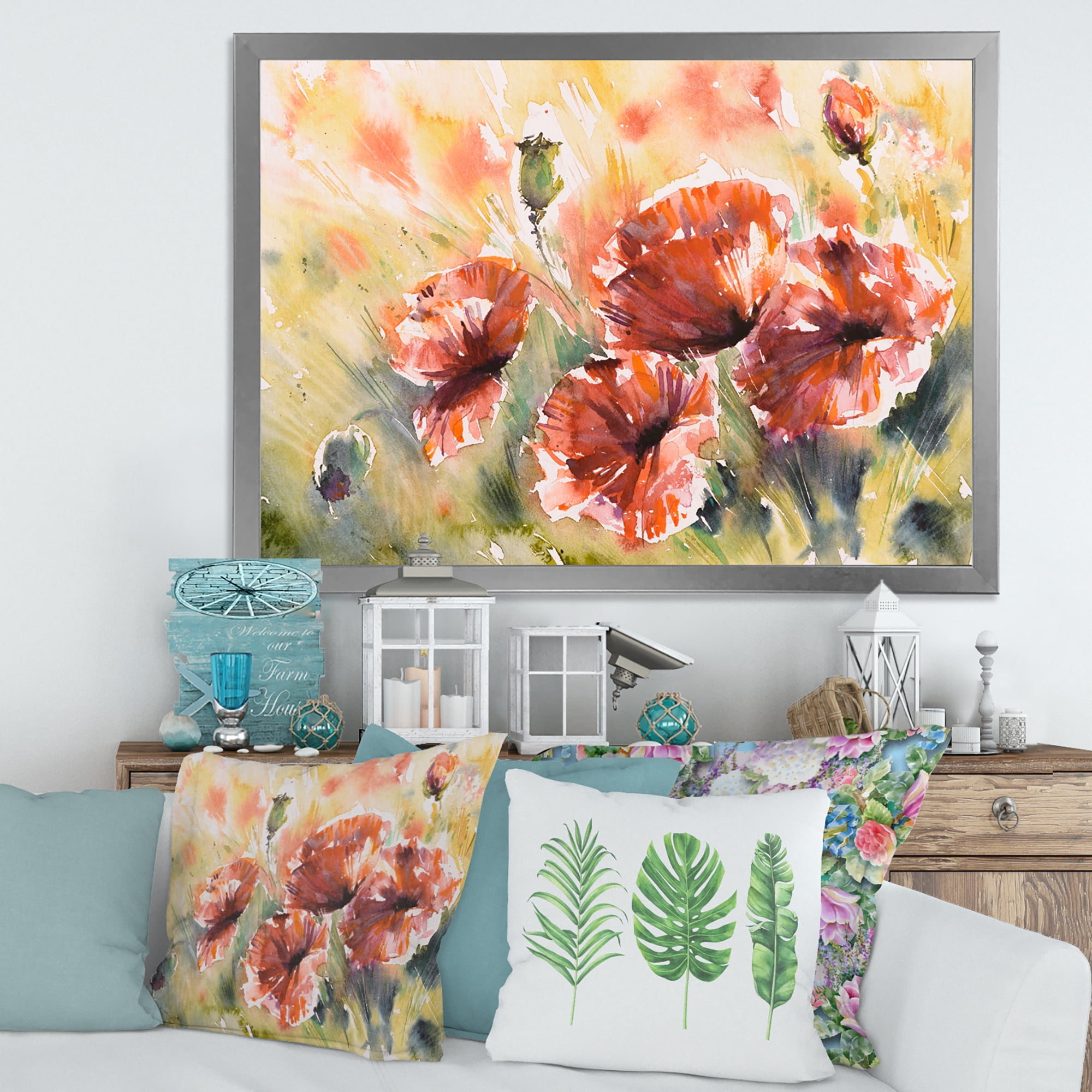 Designart 'Abstract Red Poppy On A Field' Traditional Framed Art Print