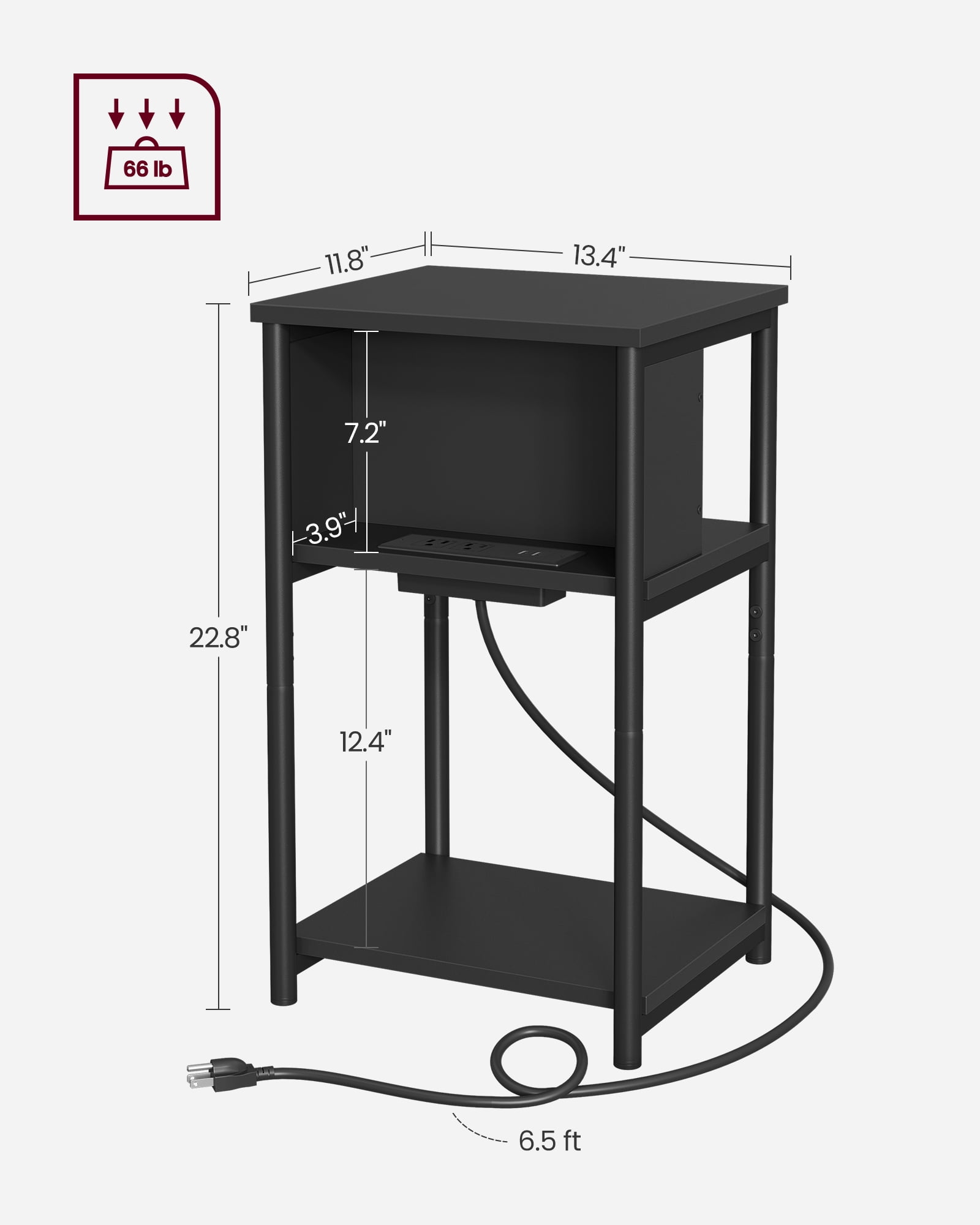 3-Tier End Table with Charging Station Side Table with USB Ports and Outlets Nightstand Black