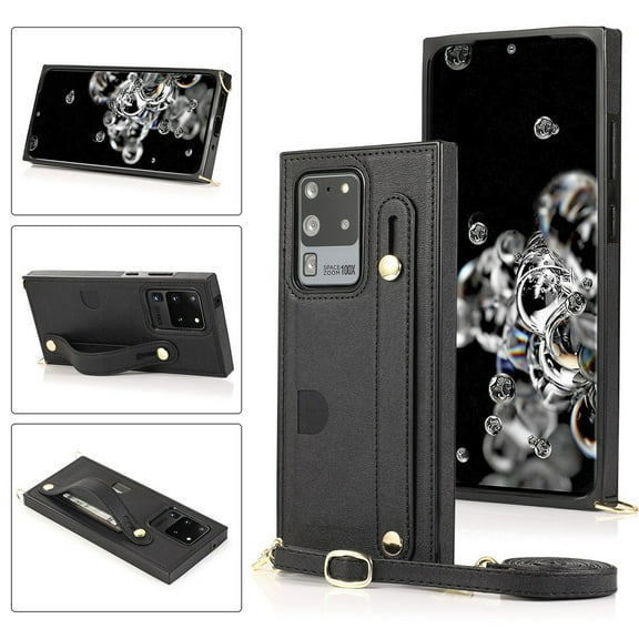 Dteck Case For Samsung Galaxy S20 Ultra(6.9 inches),Luxury PU Leather Adjustable Strap Shockproof Rubber Protective Back Phone Kickstand Hybrid Cover,Black