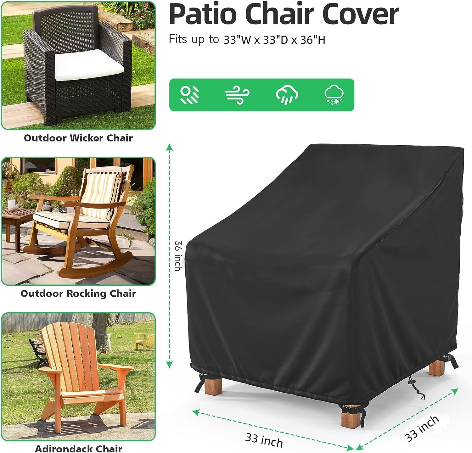Outdoor Chair Covers, 210D Patio Furniture Covers Waterproof, Lawn Furnitures Covers Fits up to 33W x 33D x 36H Inches, Black, 2 Pack