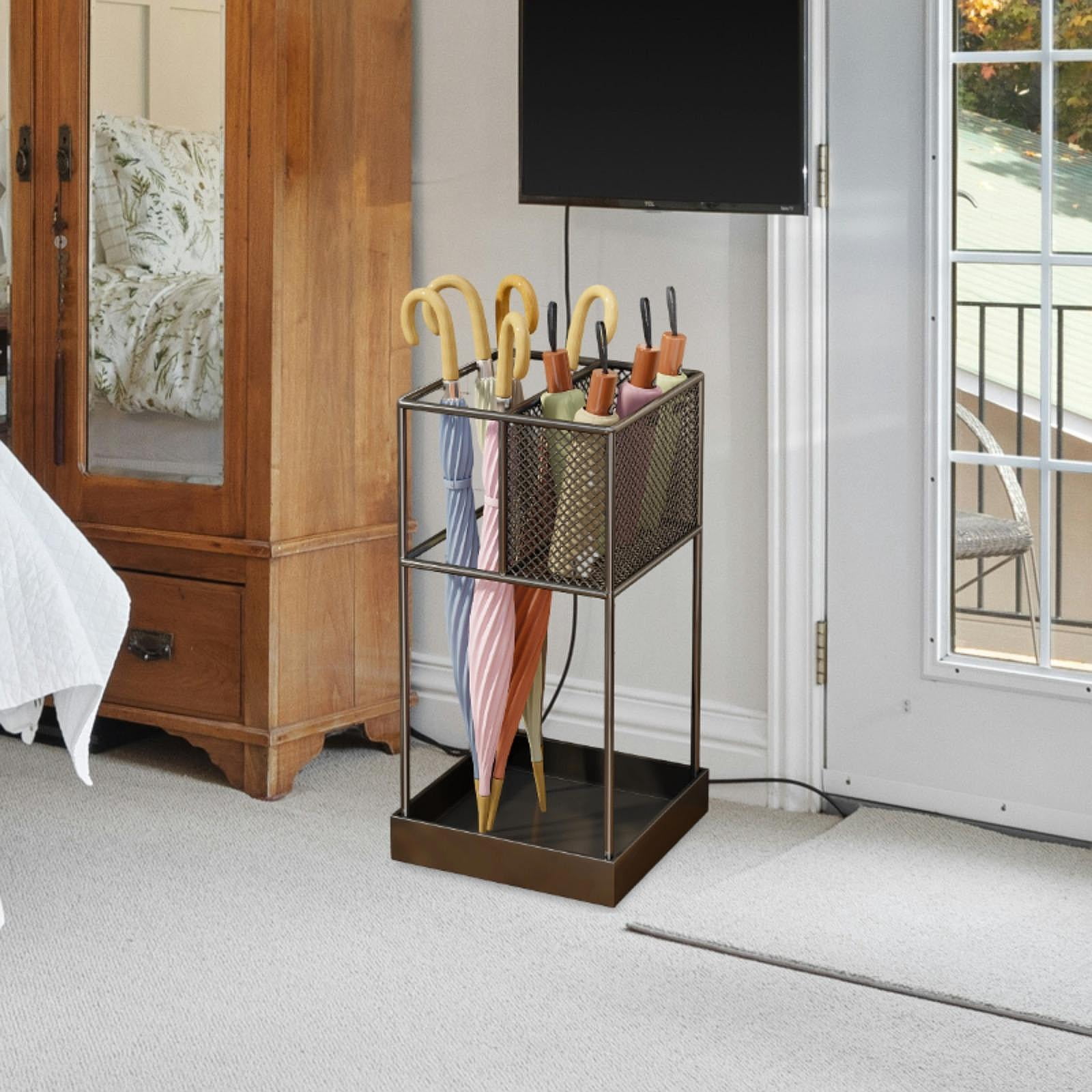 Fiocias Modern Iron Umbrella Holder Stand Anti Slip Storage Organizer Bin for Long Short black