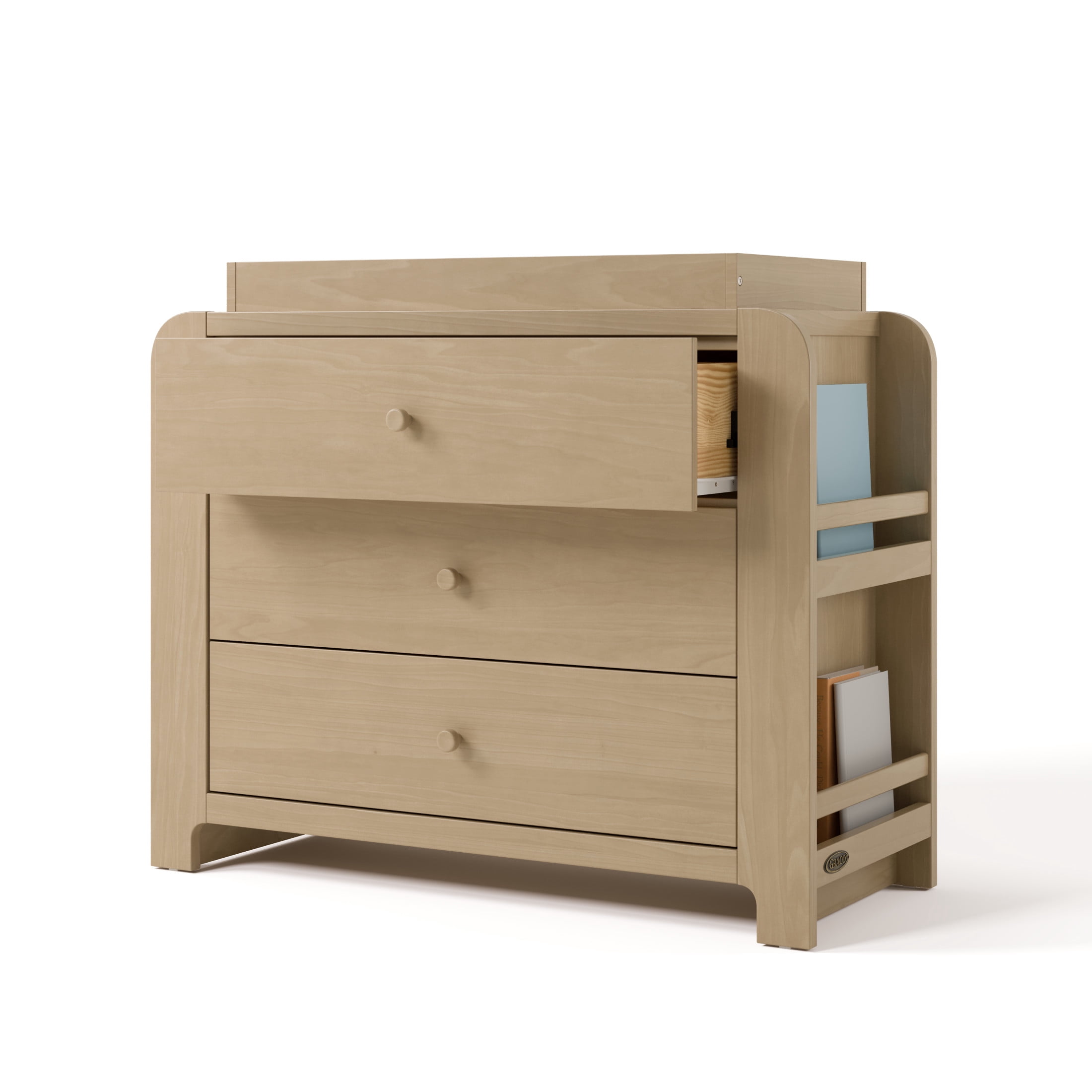 Graco Read-with-Me 3 Drawer Chest with Bookshelves and Removable Infant Changing Topper, Driftwood