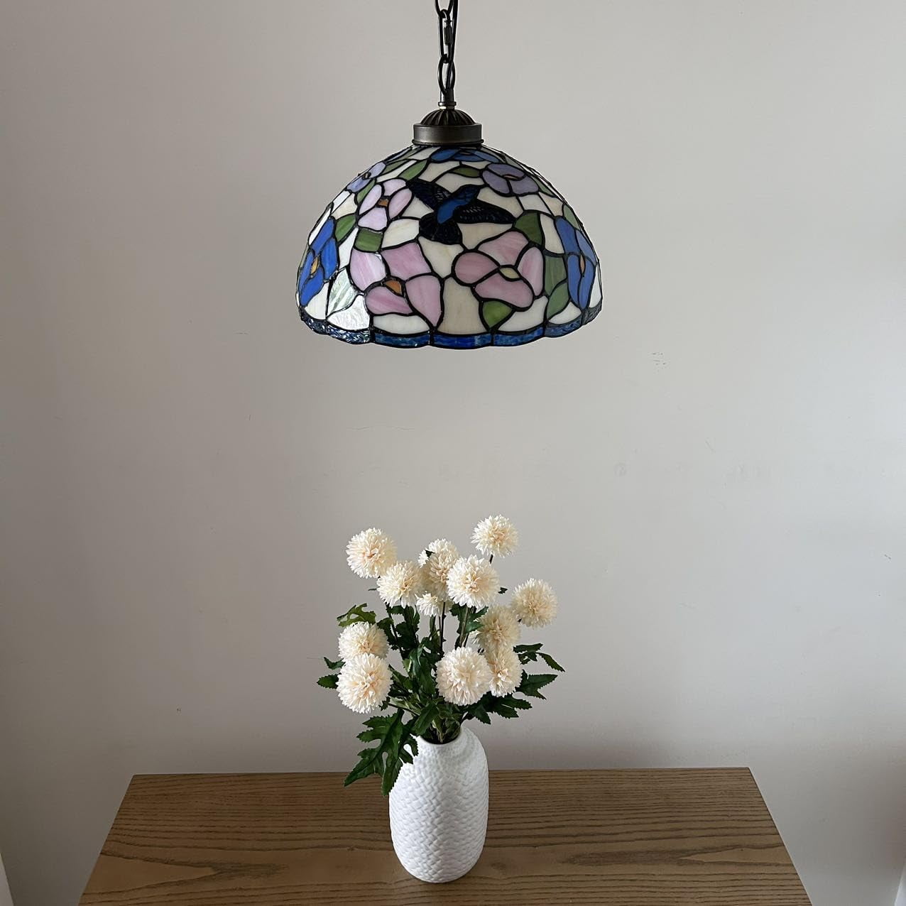 Tiffany Pendant Lights Fixture Pink Blue Stained Glass Hummingbird Flowers LED Bulb 12”W*12”D*60”H