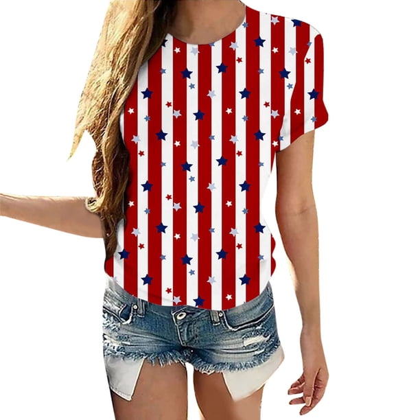 Mujeres Verano Día de la Independencia Impresión Blusa Camisetas Casual Cuello redondo Manga corta Camisetas Tops Pompotops hfajkhk132558