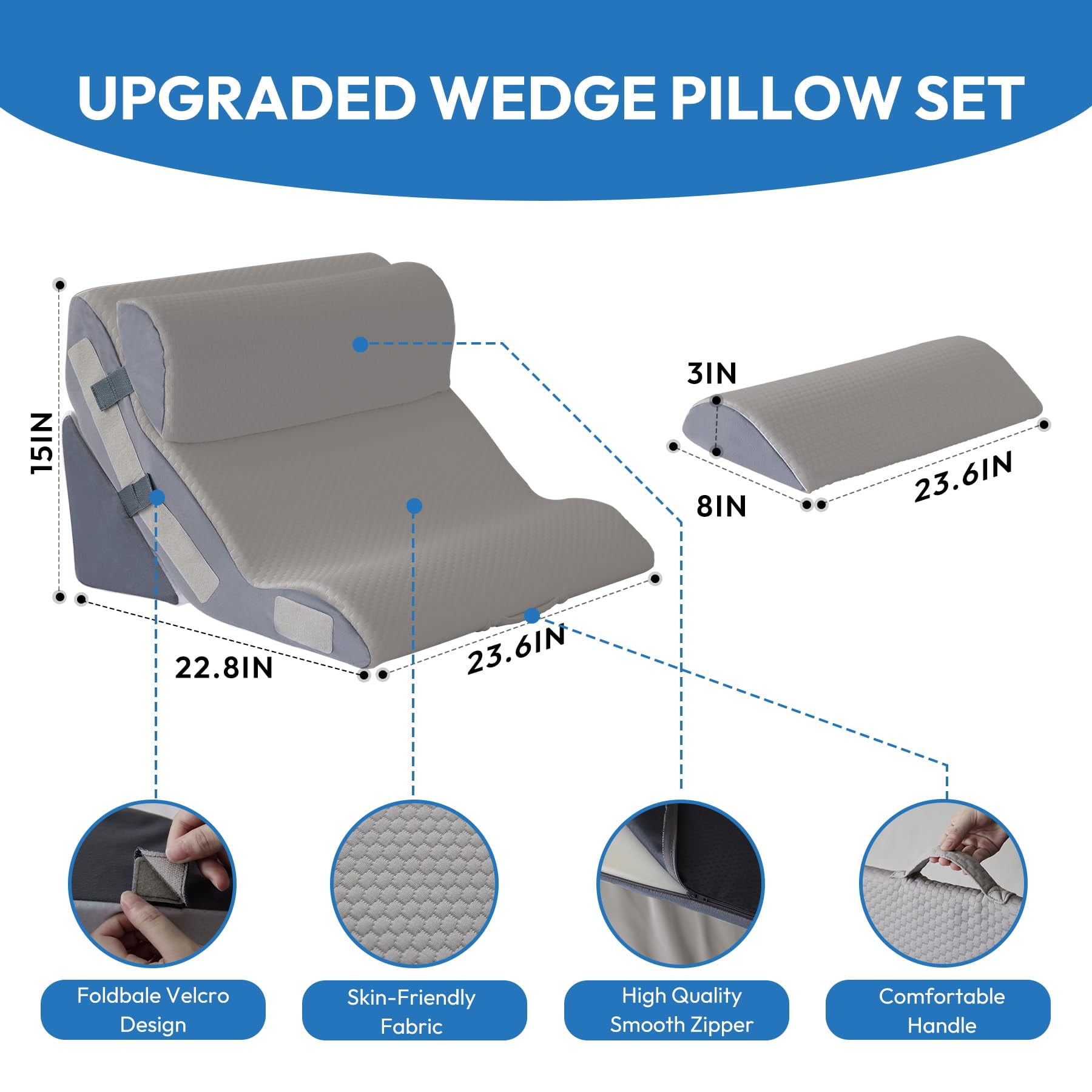 4pcs Wedge Pillow Set For After  Bed Sitting Up 10-in-1 Foam Acid Reflux & Grey