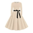 thumbnail image 5 of Women's Midi Dress Long Sleeve Crew Neck Solid Color Vintage Casual Belted Waist Dress for Spring Fall Everyday Wear,Beige,L, 5 of 6