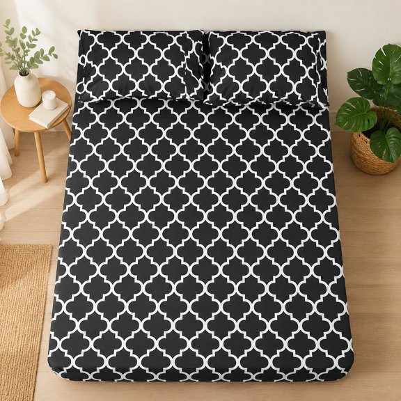 Queen Bed Sheet Set - Super Soft Brushed Microfiber Sheets, 1800 Thread Count, Wrinkle Free, 16-Inch Deep Pocket, 4 Piece, Black Quatrefoil Pattern