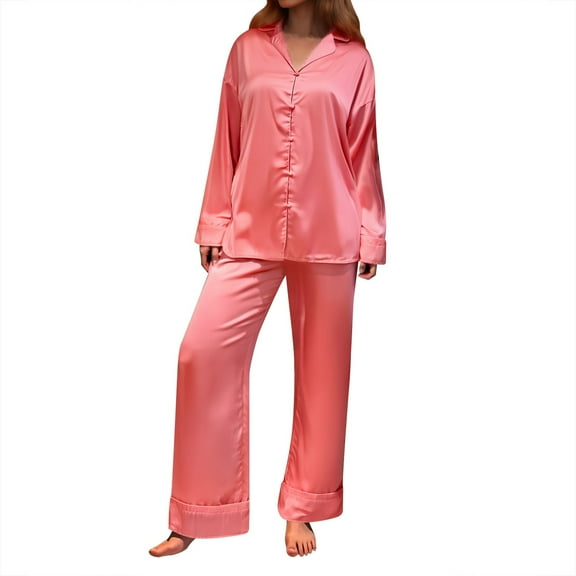 Bibifish Womens Pajama Sets Silk Satin Pink Sleepwear Pj Sets Lapel Neck Bottom Down Tops With Wide Leg Pants Soft Autumn Ladies Nightwear