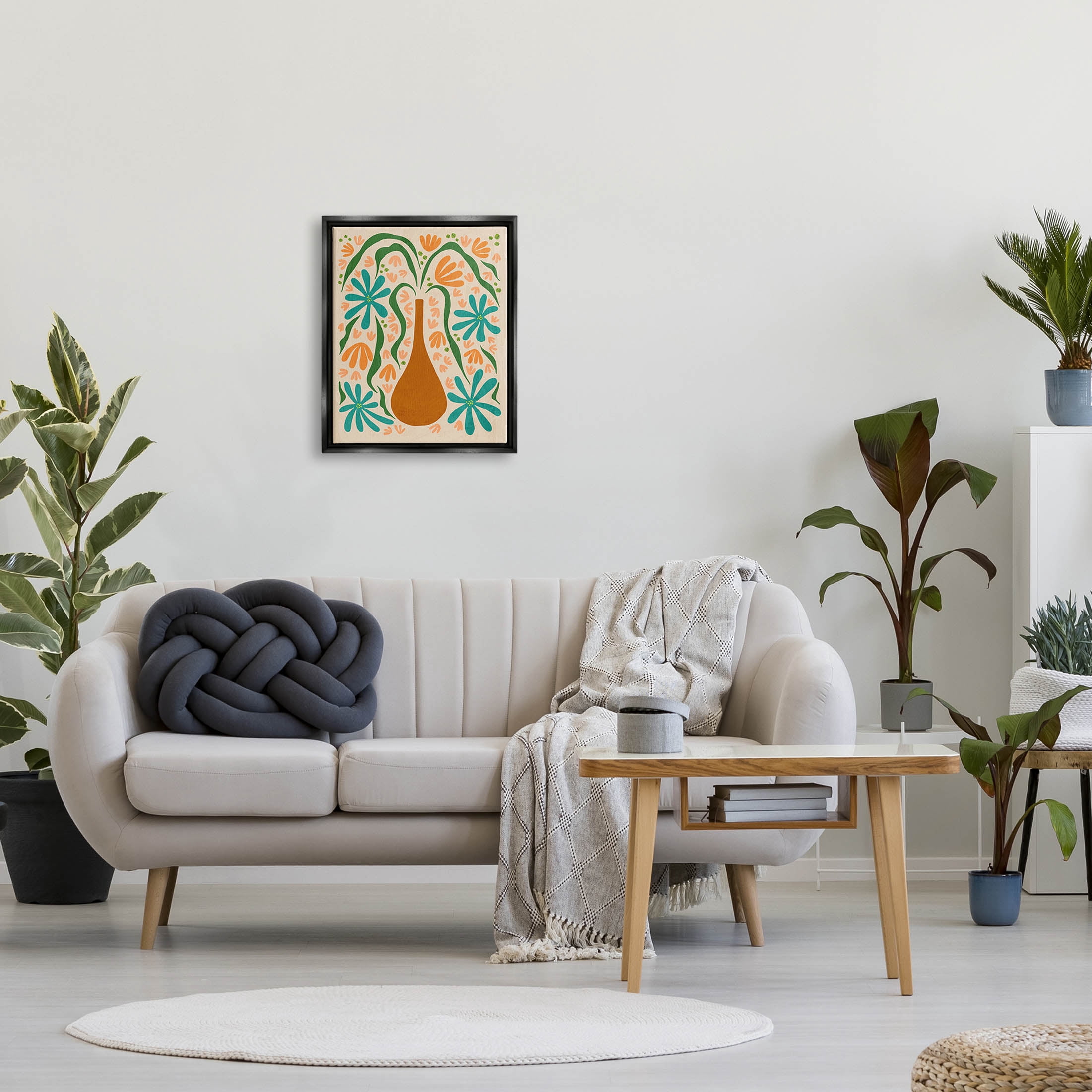 Stupell Industries Retro Floral Shapes Vase Graphic Art Jet Black Floating Framed Canvas Print Wall Art, Design by Ziwei Li