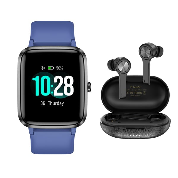 Letsfit BUNDLE 205L Smartwatch avec Moniteur de Fréquence Cardiaque et Écouteurs Sans Fil T13 avec Boîtier de Charge et Microphone - Blue