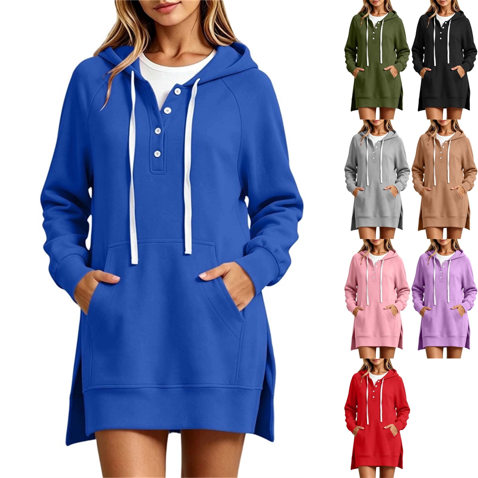 Womens Fleece Tunic Tops Henley Sweatshirt Half Button Slouchy Boyfriend Hooded Pullover Kangaroo Pocket to Wear with Leggings Winter Cozy Lounge Blue L