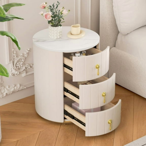 Upholstered Nightstand with 3 Drawers, Round Bedside Table with Metal Handles,Marbling Stickers Top Night Table for Bedroom