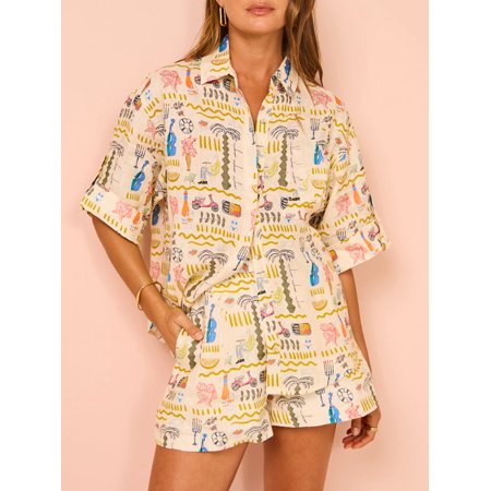 

Shark Slippers Women 2-Piece Set Button Shirt and Elastic Shorts Fashion Print Short Sleeves Club
