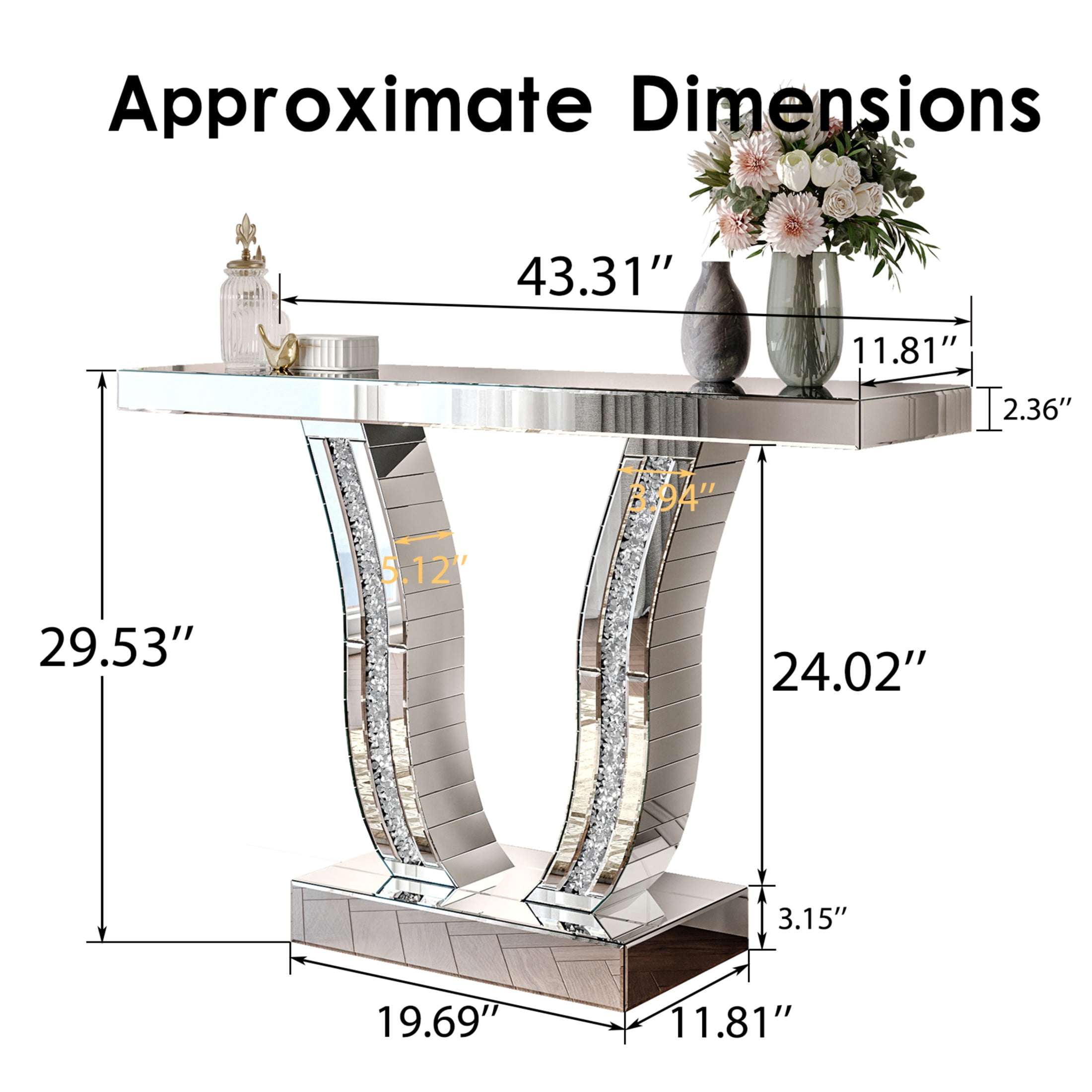 Noble House Mirrored Console Table, Modern Silver Entryway Sofa Table with Curved Stone-Inlaid Legs, Silver Glam Entryway Table,Silver