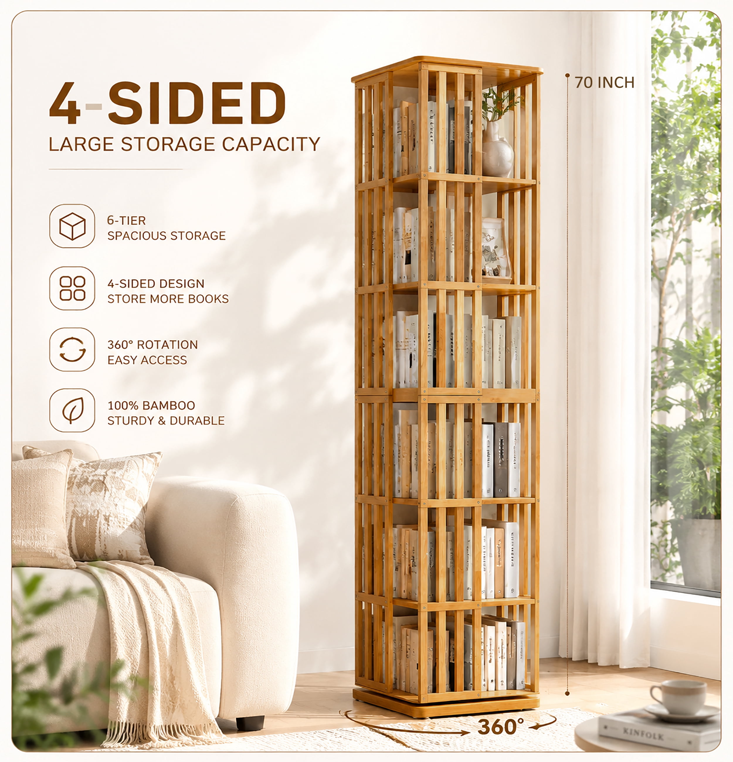 6-Tier 360° Rotating Bamboo Bookshelf Tower, Floor Standing Spinning Bookcase, Narrow Vertical Storage Rack for Kids Adults Home Office