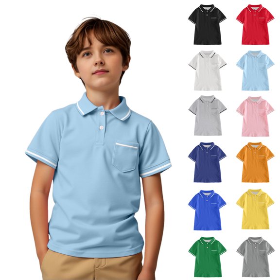 XINXIAOO Boys Short Sleeve Polo Shirt Buttons Collared Shirts Athletic Tops Tennis Shirts School Uniform 13-14 Years Clothes for Boys Sky Blue Shirt