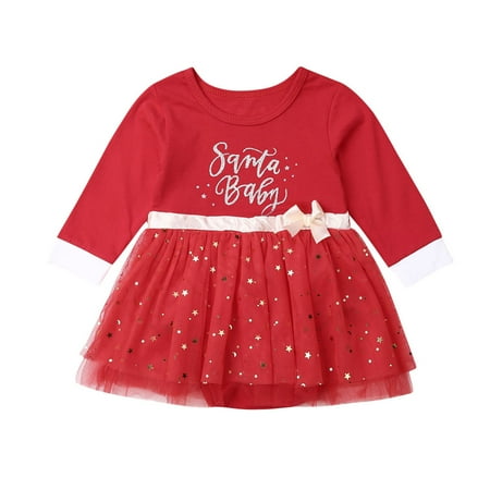 

Qiylii Baby Girls Christmas Skirt Romper Long Sleeve Letter O-Neck Mesh Multi-Layer Jumpsuit 0-24M