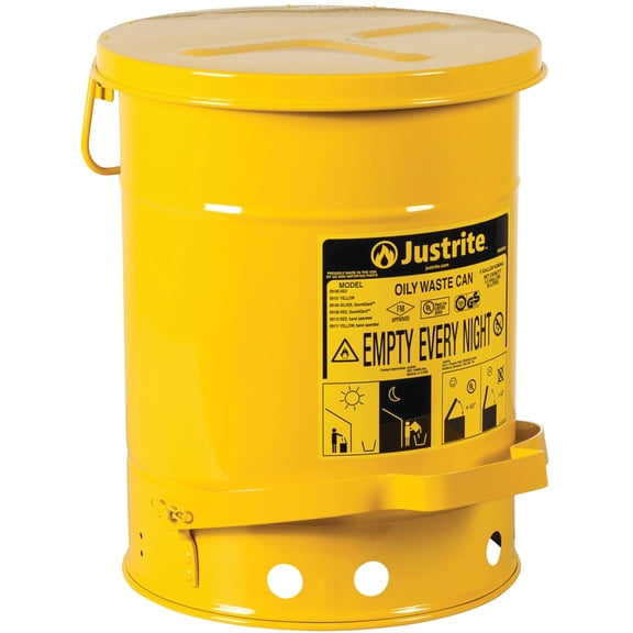 Justrite 6 Gallon Galvanized Steel Oily Waste Can, 16" x 12" Metal Oil Rag Safety Can With Foot Operated Self-Closing Lid for Oil Rag Disposal, Made in the USA, Yellow, 09101 CA3