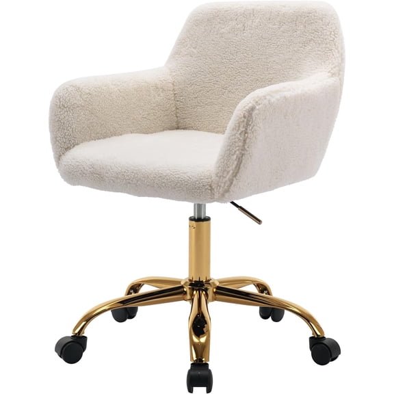 Office Sherpa Faux Fur Vanity Desk Chair with Golden Base, White | 360°Swivel Modern Height Adjustable Home Office Armchair for Teens Women Girls, Upholstery Computer Chair for Home Studios