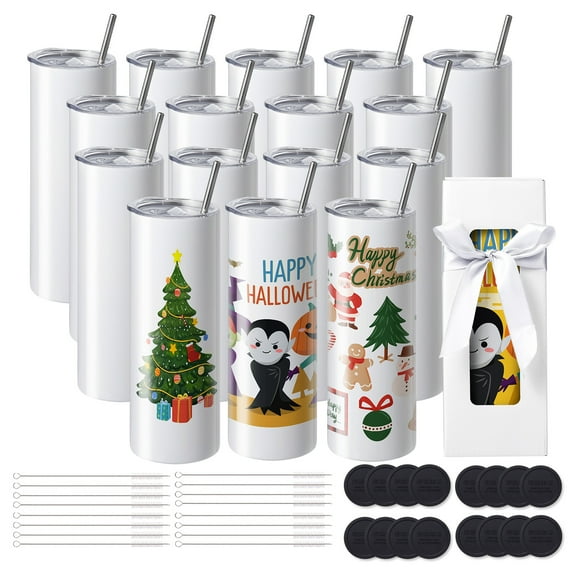 VEVOR 16 Pack Sublimation Tumblers 20oz Skinny Straight, Stainless Steel Sublimation Tumblers Blank,Stainless Steel Double Wall Tumbler for Heat Transfer Customized Gifts with Lid and Straw,Gift Box
